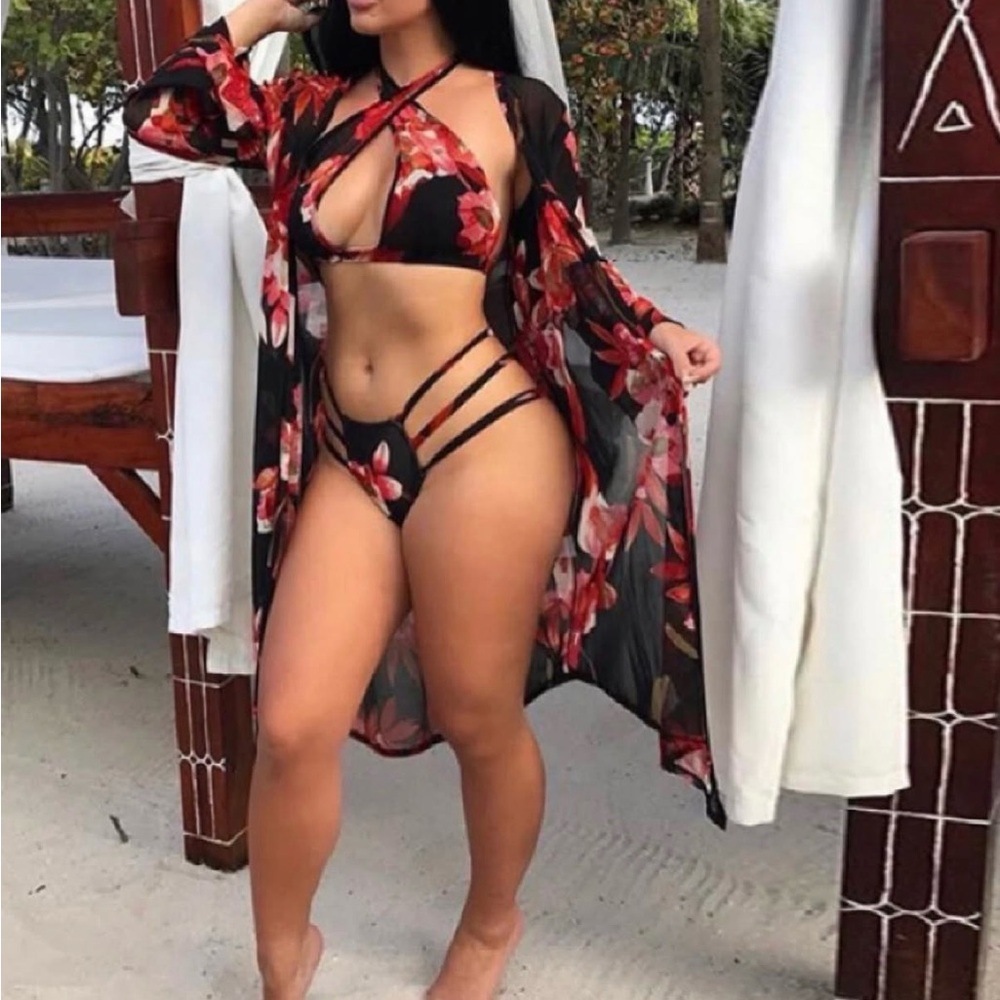 Floral Bikini Set with Sheer Cover-Up